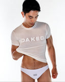 Man wearing a 'GOAKED' t-shirt and white underwear on a white background